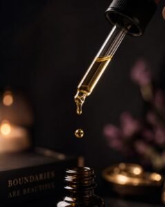  A dropper bottle dispensing a single golden oil droplet in slow motion.