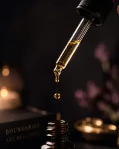  A dropper bottle dispensing a single golden oil droplet in slow motion.