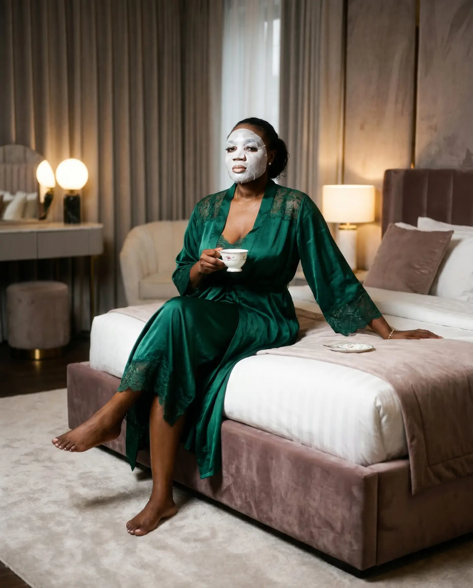 Image of the founder of House of Saccahra winding down, cup of tea to hand, face mask applied, cinematic dark mood revealing lifestyle of restorative night care