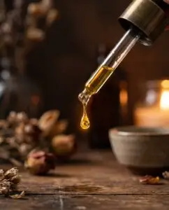 A dropper bottle dispensing a single golden oil droplet captured mid air