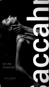model holding her own skin, head tilted backwards , relaxed and immersed in restoration